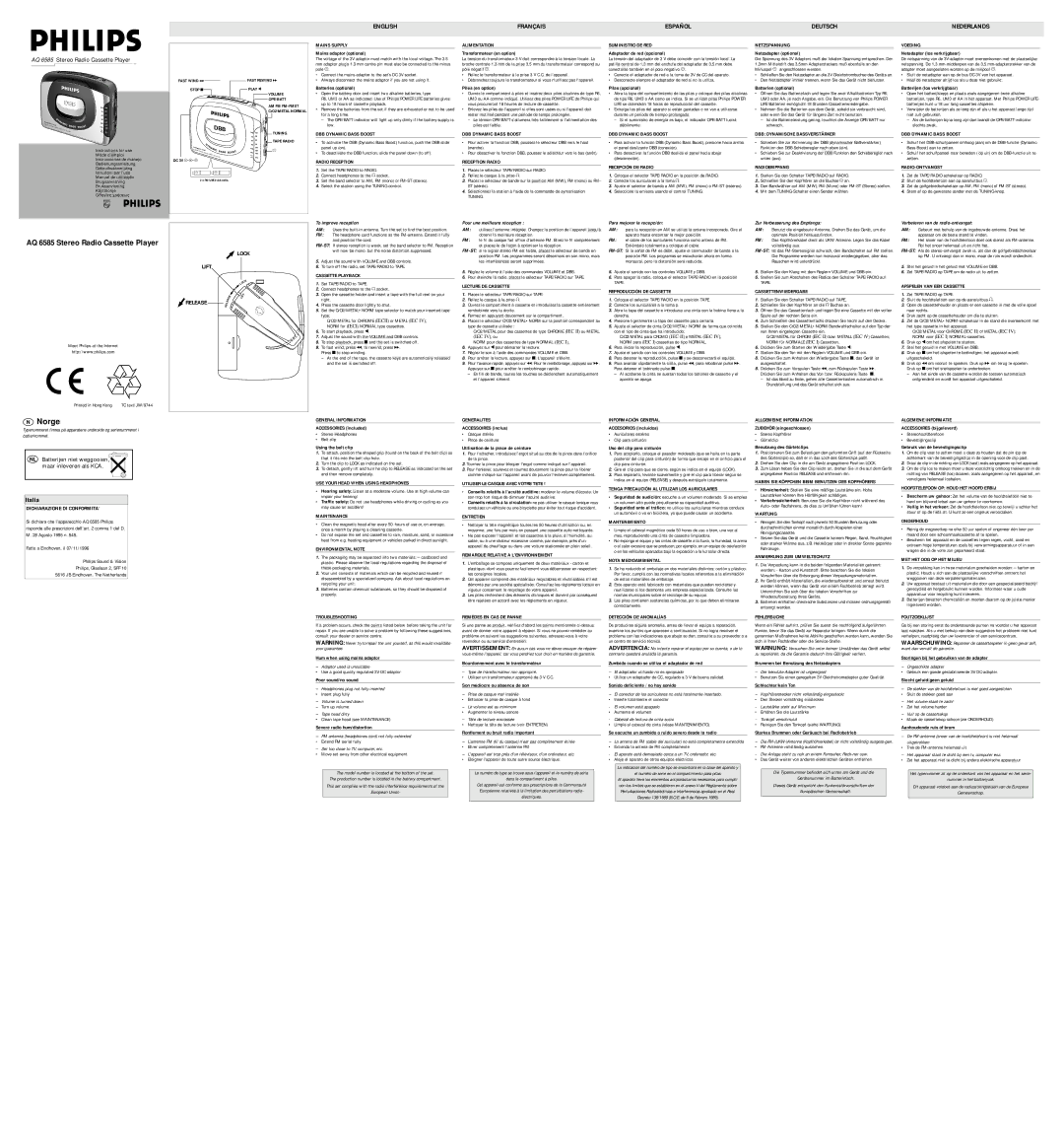 Philips AQ 6585 manual Mains Supply, DBB Dynamic Bass Boost, Radio Reception, Alimentation, Reception Radio, Netzspannung 