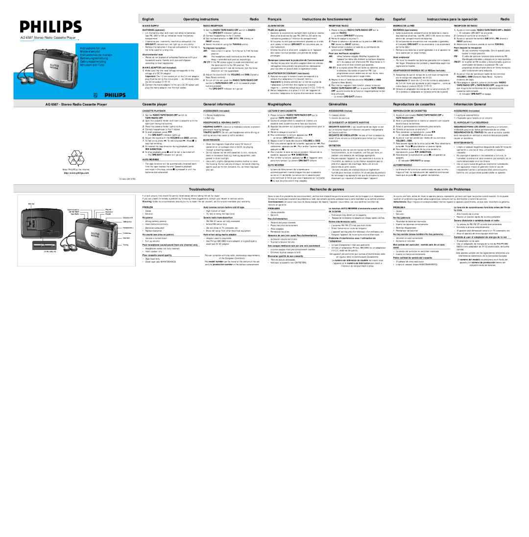 Philips AQ 6587/01S manual Mains Supply, Radio Reception, Alimentation, Reception Radio, Energía DE LA RED, Tape/Radio Off 