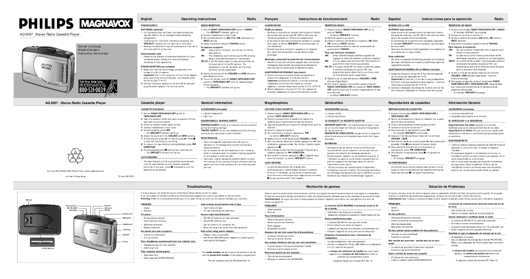 Philips AQ 6597/17 manual Power Supply, Radio Reception, Alimentation, Reception Radio, Energía DE LA RED, Tape/Radio Off 