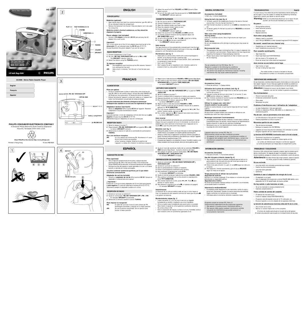 Philips AQ 6598/17 manual Power Supply, Radio Reception, Cassette Playback, General Information, Alimentation, Generalites 