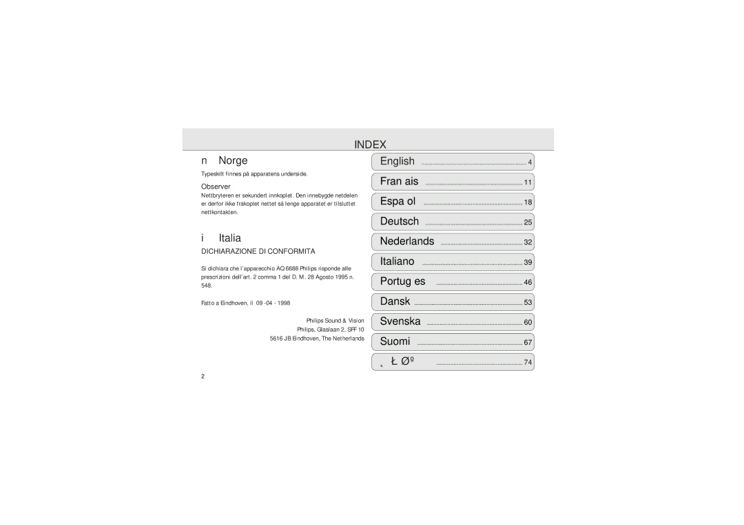 Philips AQ 6688 manual Index, Dichiarazione DI CONFORMITA’ 