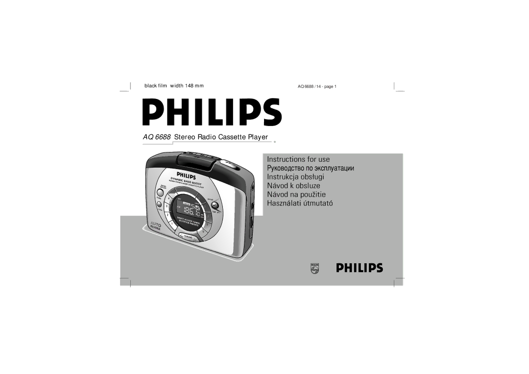 Philips AQ 6688/14 manual AQ 6688 Stereo Radio Cassette Player, Black film width 148 mm AQ 6688 /14 