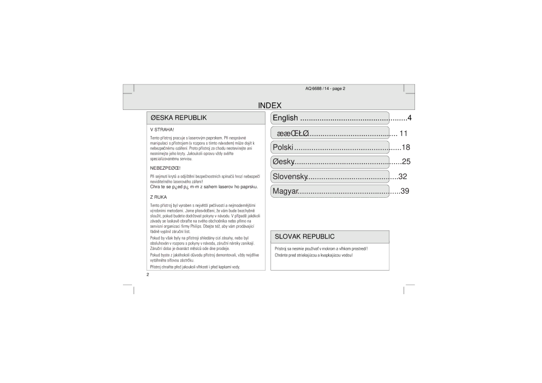 Philips AQ 6688/14 manual Index, ÉESKA REPUBLIKç 