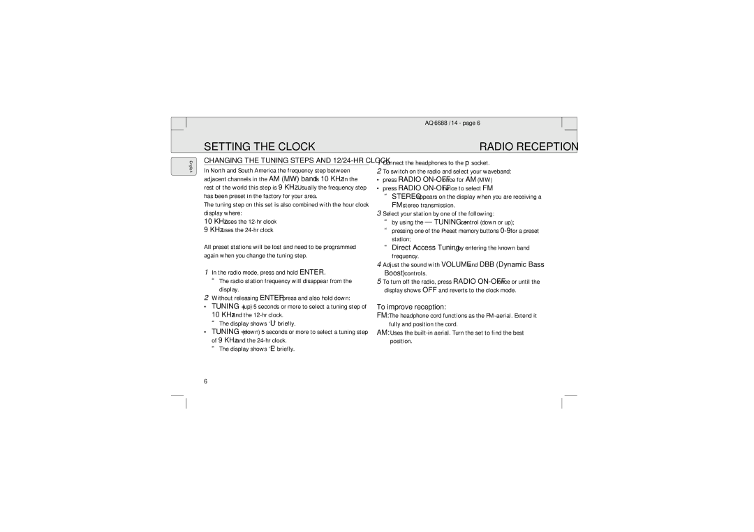 Philips AQ 6688/14 manual Setting the Clock Radio Reception, AQ 6688 /14, To improve reception 