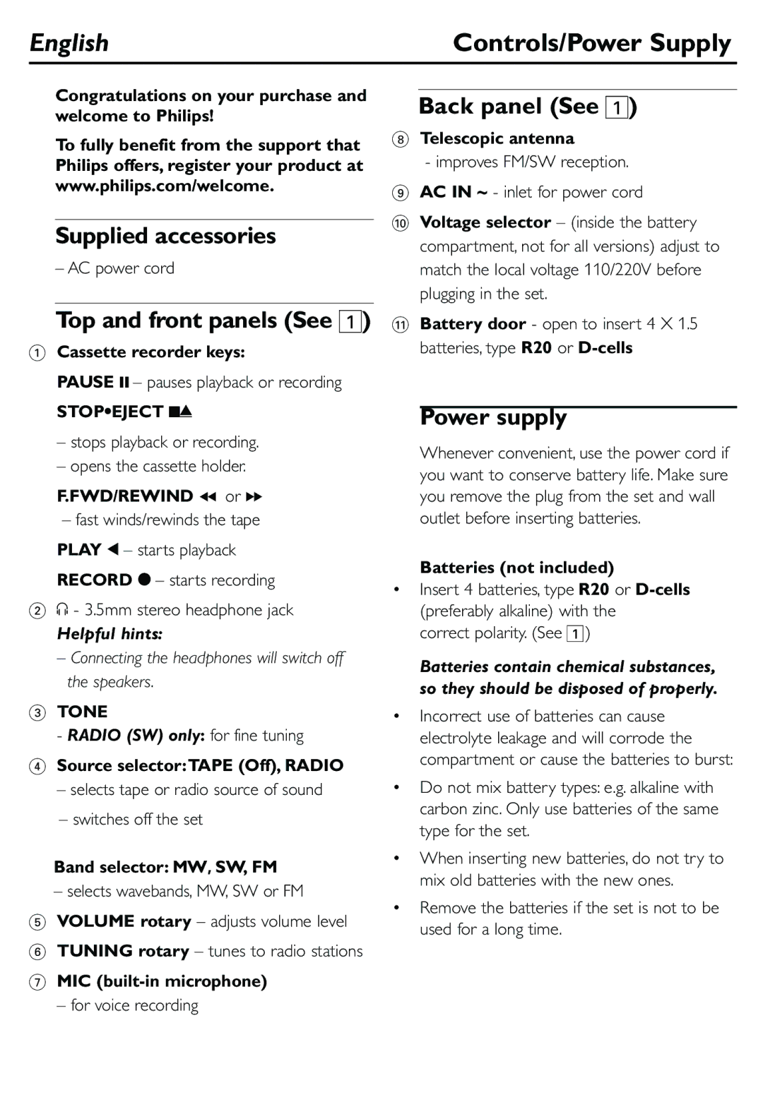 Philips AQ414 user manual Supplied accessories, Top and front panels See, Back panel See, Power supply, Helpful hints 