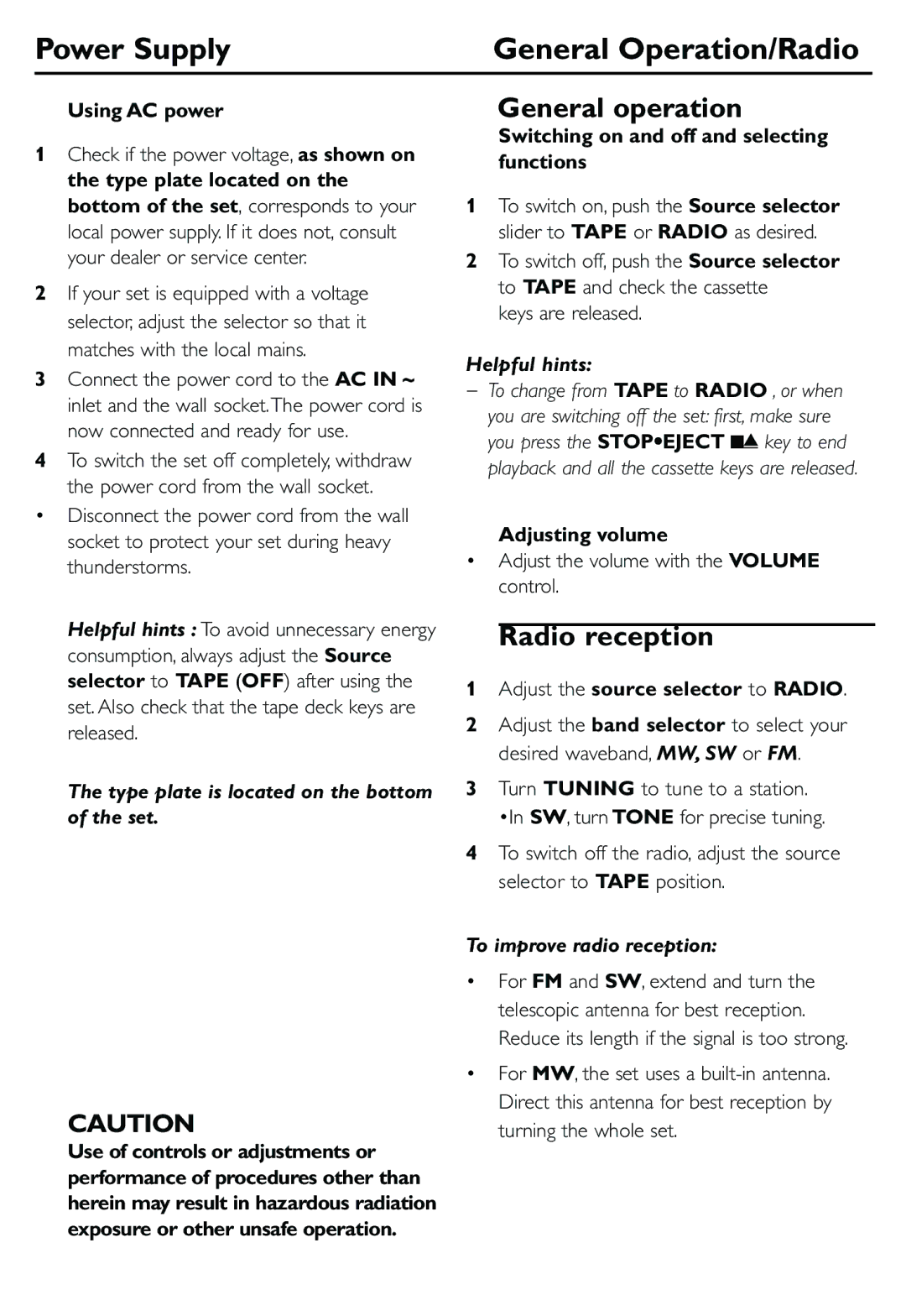 Philips AQ414 Power Supply General Operation/Radio, General operation, Radio reception, To improve radio reception 