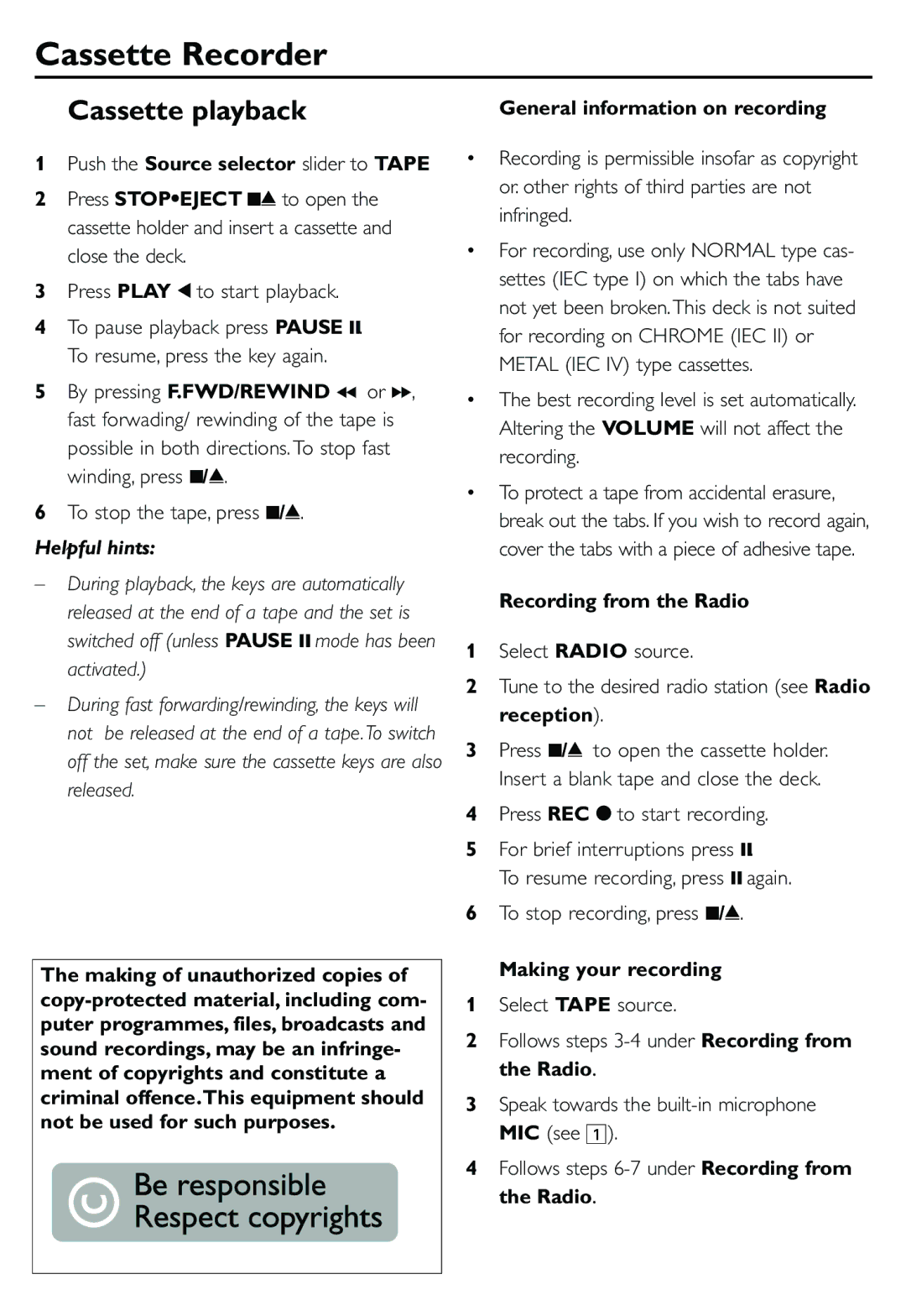 Philips AQ414 user manual Cassette playback, Push the Source selector slider to Tape, General information on recording 