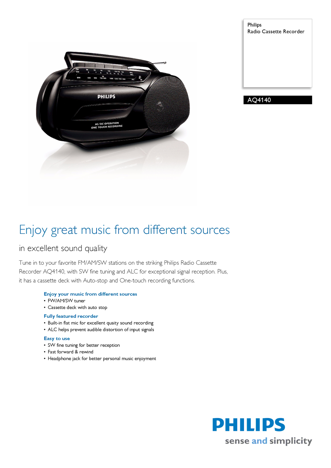 Philips AQ4140/98 manual Enjoy your music from different sources, Fully featured recorder, Easy to use 