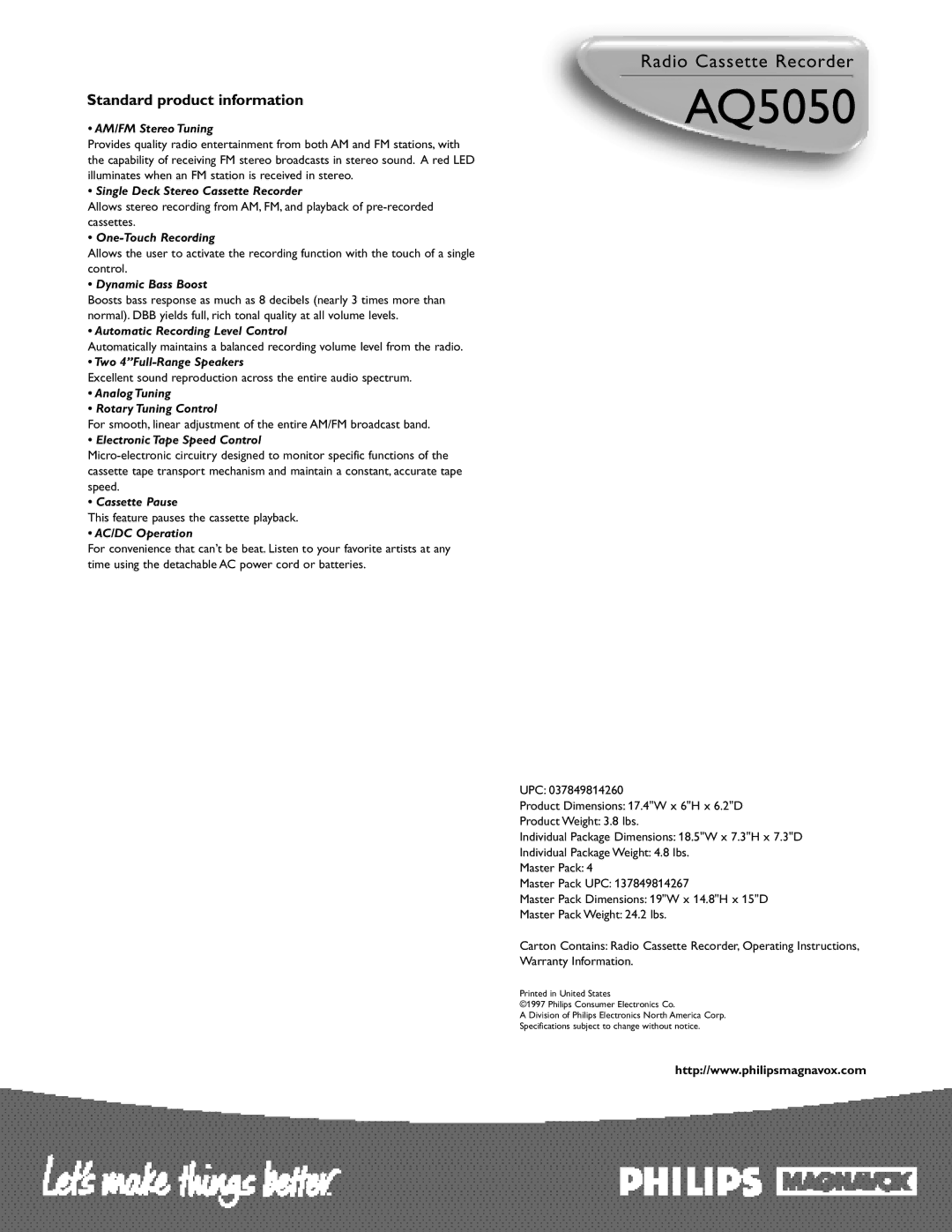 Philips AQ5050 manual Standard product information 