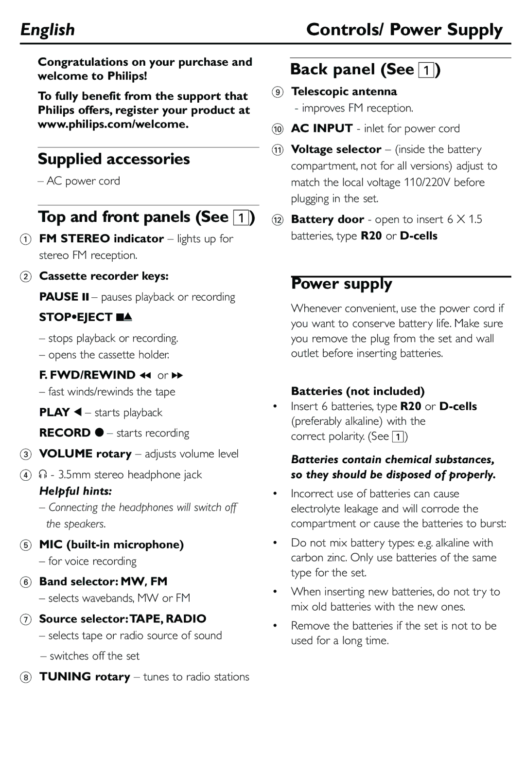 Philips AQ5130 user manual Supplied accessories, Top and front panels See, Back panel See, Power supply, Helpful hints 