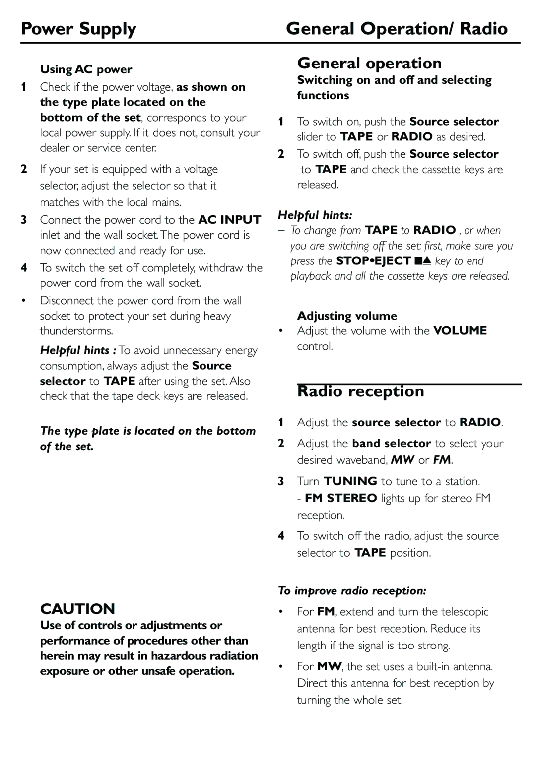 Philips AQ5130 Power Supply General Operation/ Radio, General operation, Radio reception, To improve radio reception 