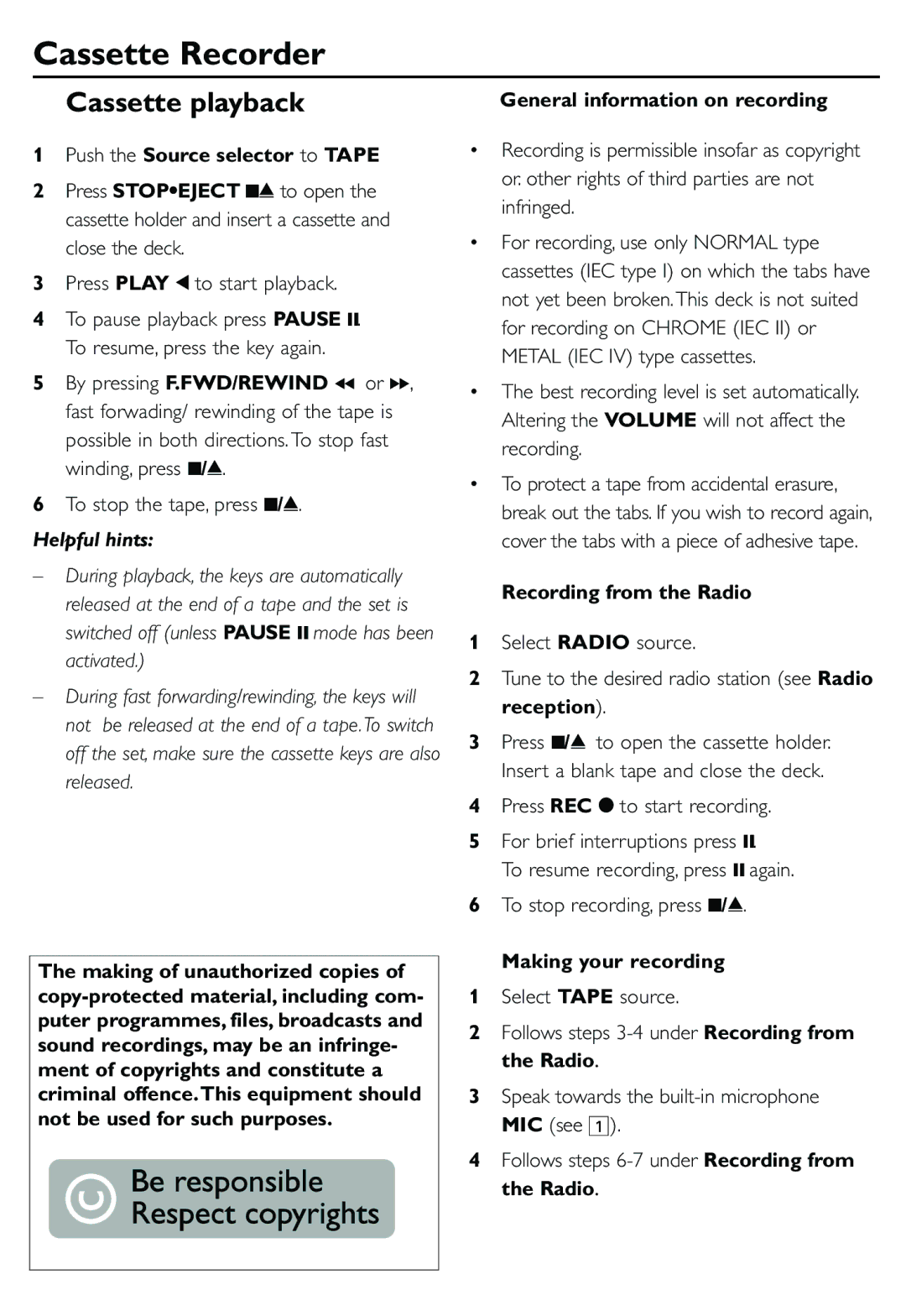 Philips AQ5130 user manual Cassette Recorder, Cassette playback 