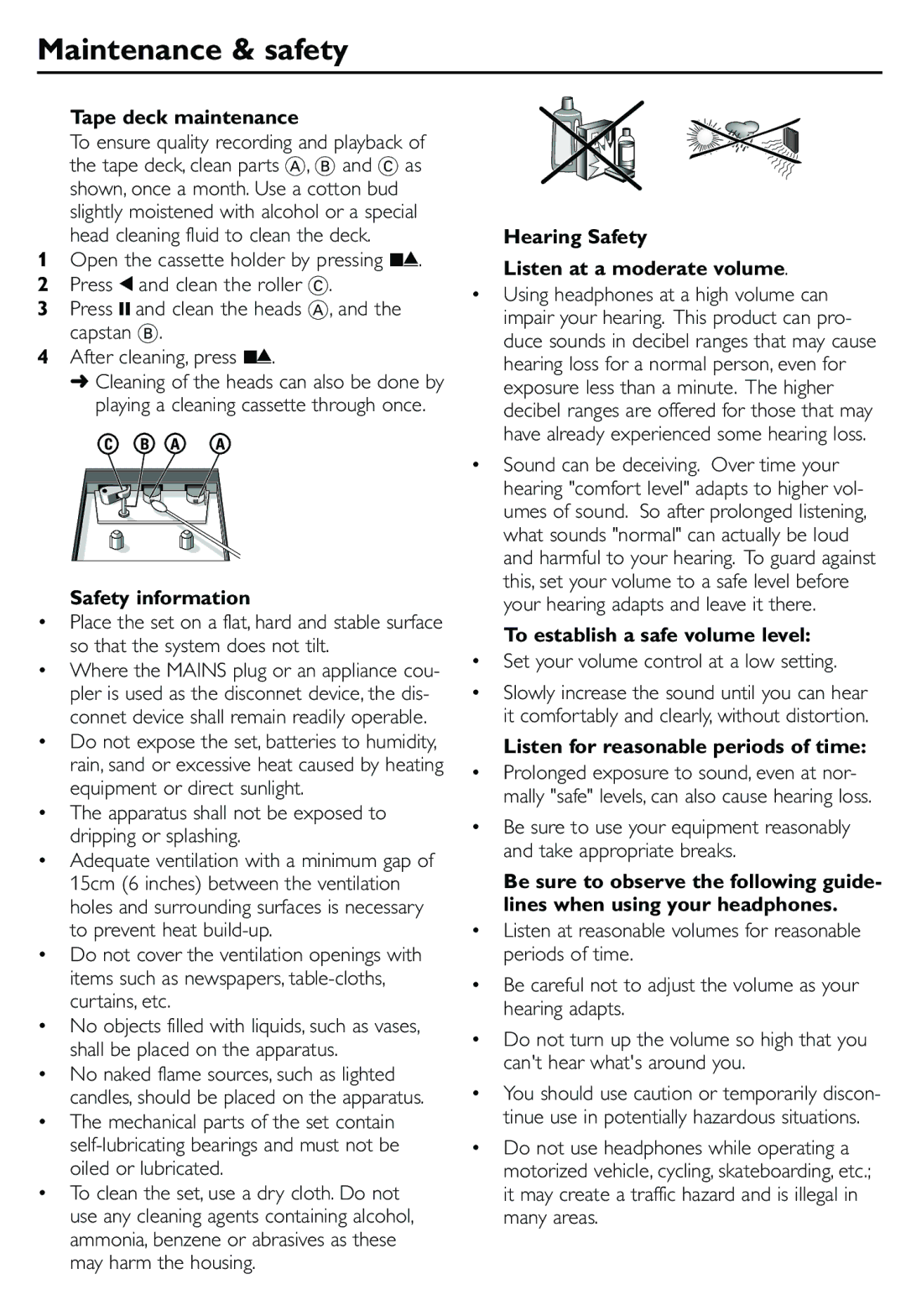 Philips AQ5130 Maintenance & safety, Tape deck maintenance, Safety information, Hearing Safety Listen at a moderate volume 