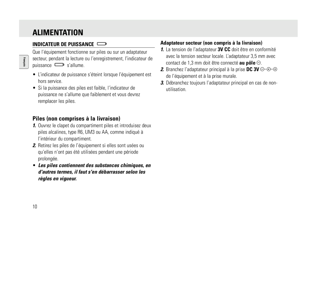 Philips AQ6345/00 manual Alimentation, Piles non comprises à la livraison, Indicateur DE Puissance 