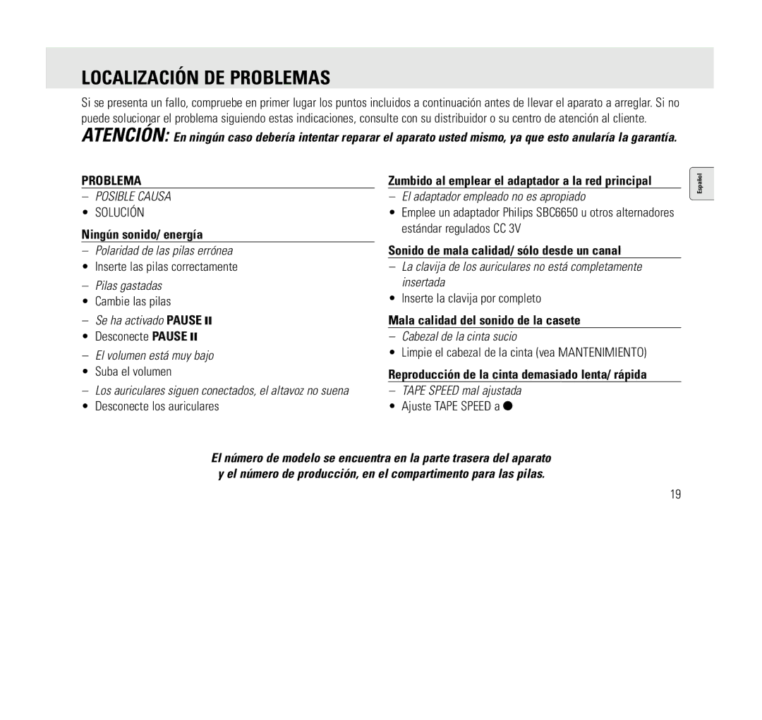 Philips AQ6345/00 manual Localización DE Problemas, Ningún sonido/ energía, Sonido de mala calidad/ sólo desde un canal 