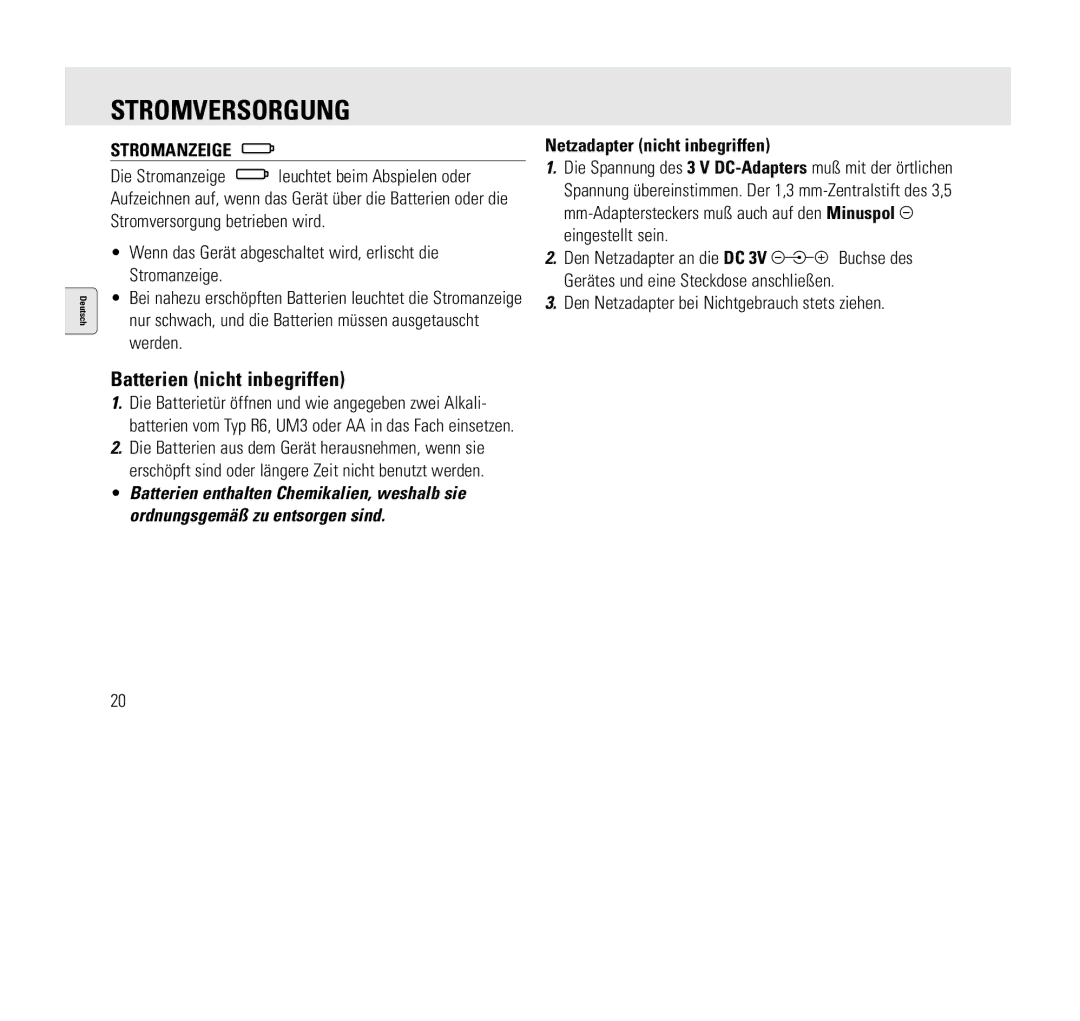 Philips AQ6345/00 manual Stromversorgung, Batterien nicht inbegriffen, Stromanzeige, Netzadapter nicht inbegriffen 