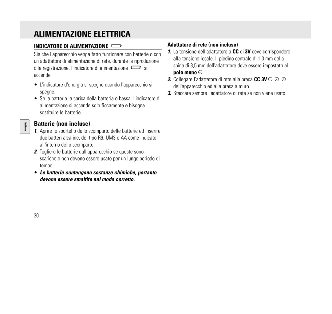 Philips AQ6345/00 manual Alimentazione Elettrica, Batterie non incluse, Indicatore DI Alimentazione 