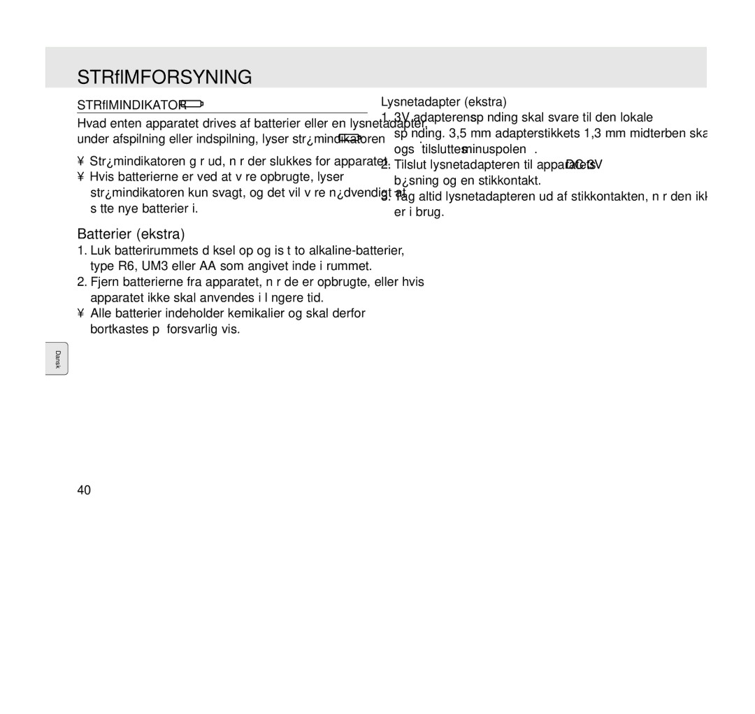 Philips AQ6345/00 manual Strømforsyning, Batterier ekstra, Strømindikator, Lysnetadapter ekstra 