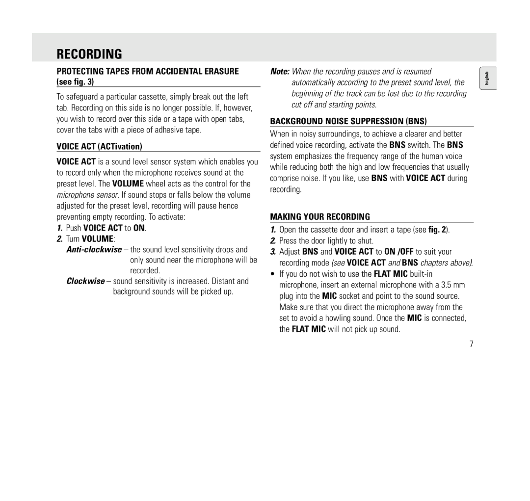 Philips AQ6345/00 manual Protecting Tapes from Accidental Erasure see fig, Voice ACT ACTivation, Push Voice ACT to on 