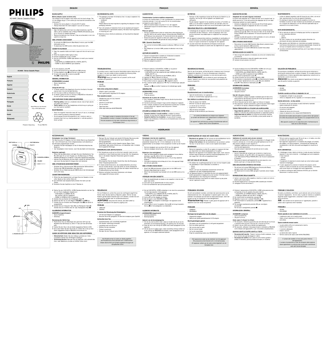 Philips AQ 6485 manual Español, Mains Supply, Environmental Note, Alimentation, Entretien, Suministro DE RED, Maintenance 