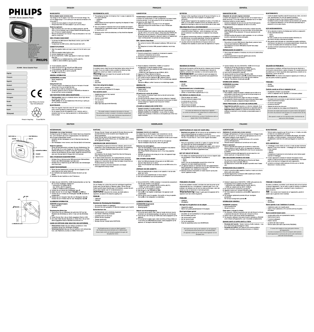 Philips AQ6485/00Z manual English, Français, Deutsch, Nederlands, a la derecha, Conecte los auriculares a la toma p 