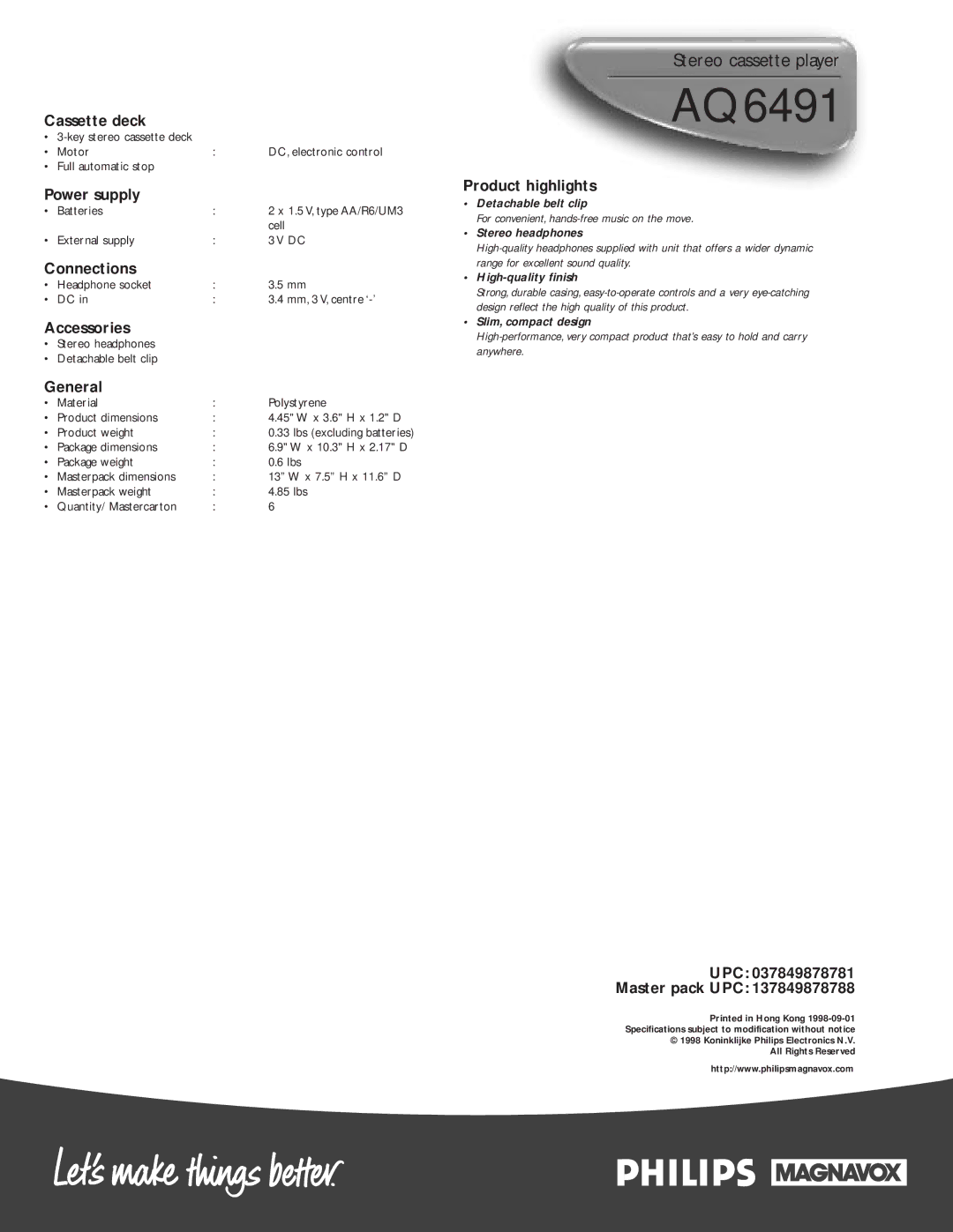 Philips AQ6491/17 Cassette deck, Power supply, Connections, Accessories, General, Product highlights, UPC Master pack UPC 