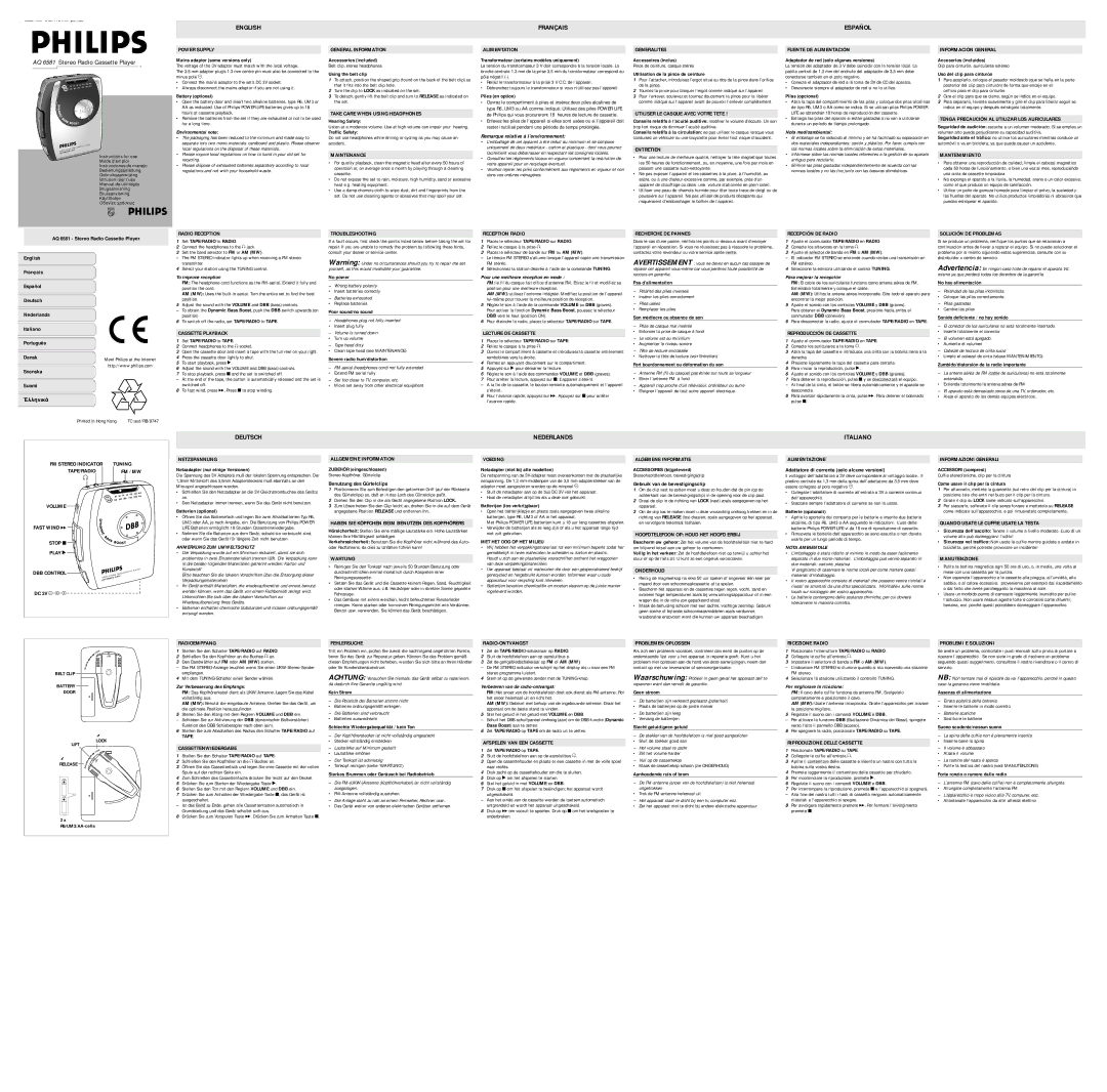 Philips AQ6511/01 manual Español, Power Supply, General Information, Take Care When Using Headphones, Maintenance, Wartung 