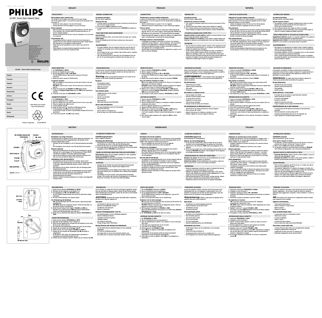 Philips AQ6512/01Z manual English, Français, Deutsch, Nederlands, Italiano, Remarque relative à l’environnement 