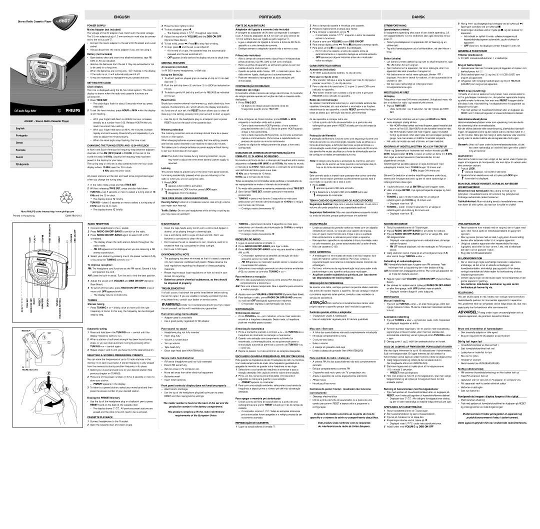 Philips AQ6601/00 manual Power Supply, Setting the Clock, Changing the Tuning Steps and 12/24-HR Clock, General Features 