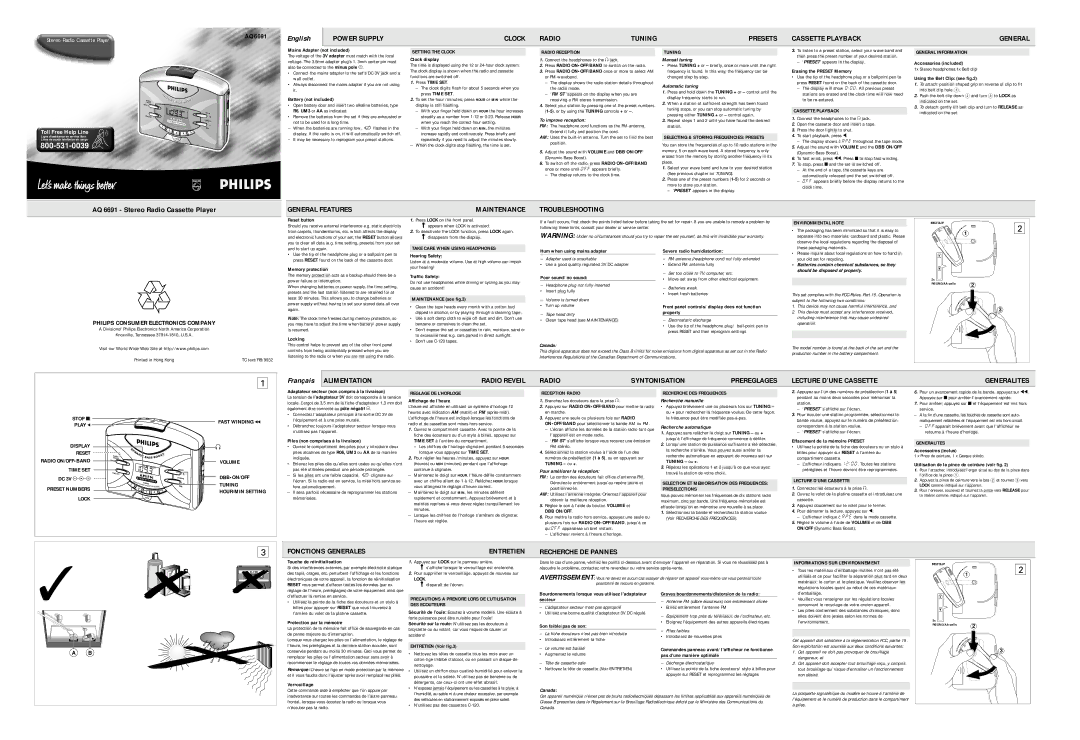 Philips AQ6691 warranty Setting the Clock, Radio Reception, Tuning, Selecting & Storing Frequencies Presets, Generalites 