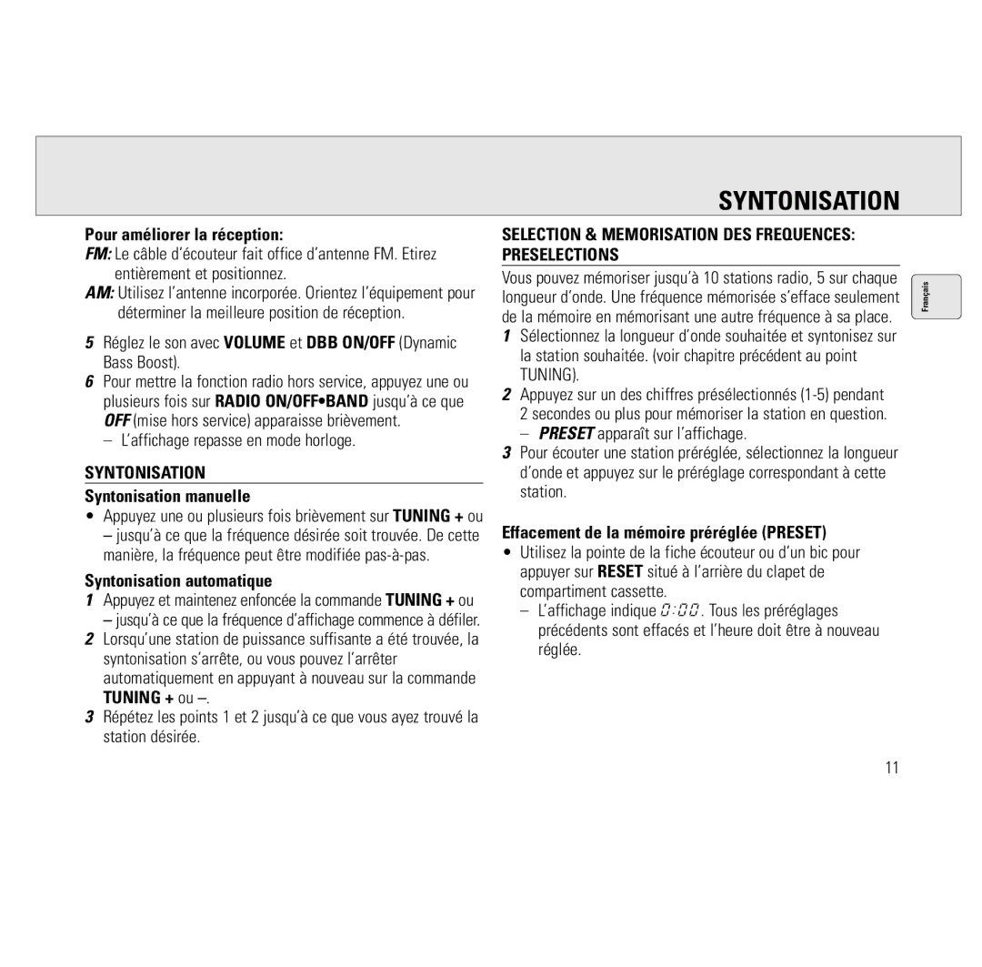 Philips AQ6691/00 manual Syntonisation, Selection & Memorisation DES Frequences Preselections 