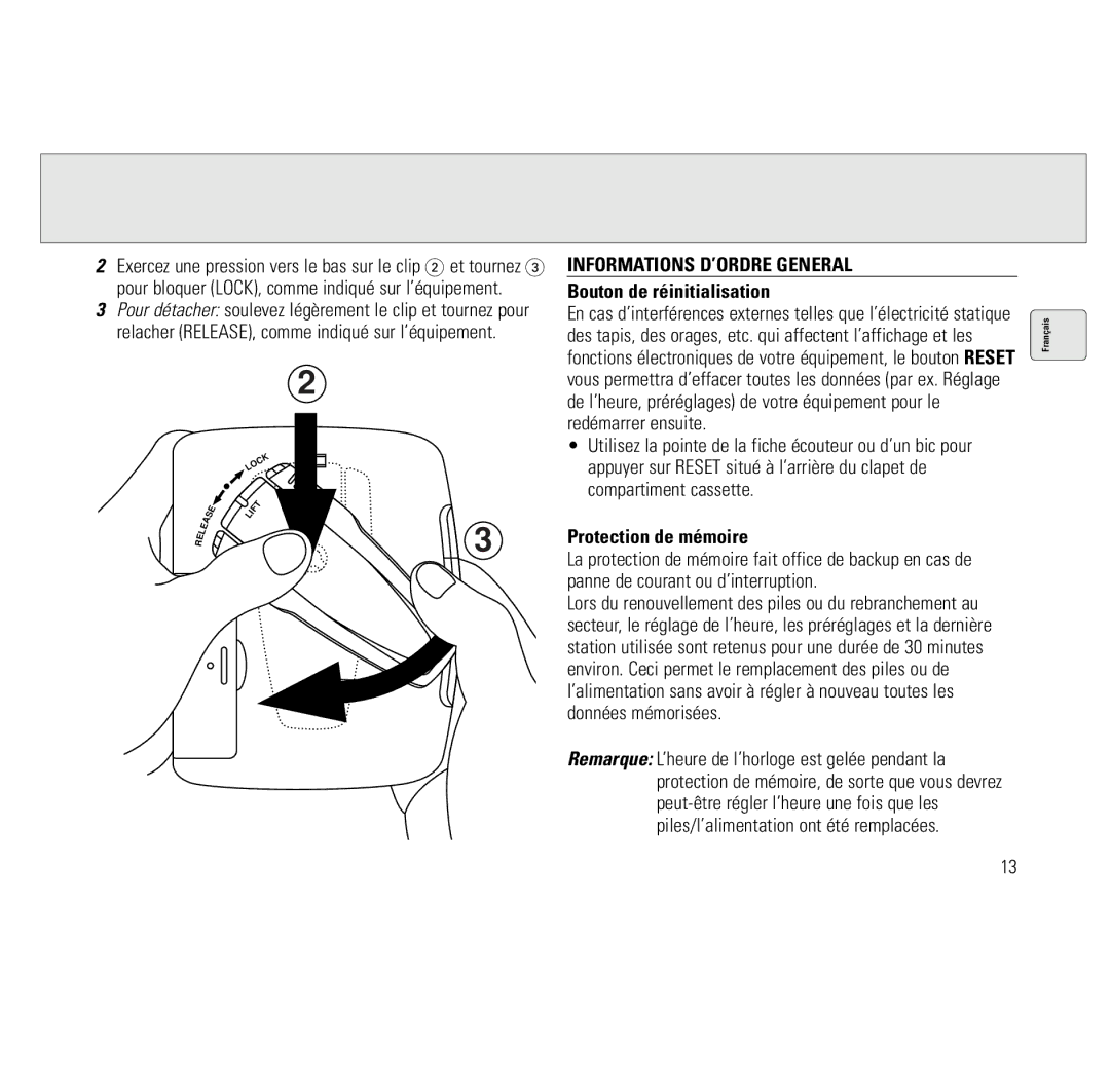 Philips AQ6691/00 manual Informations D’ORDRE General, Bouton de réinitialisation, Protection de mémoire 