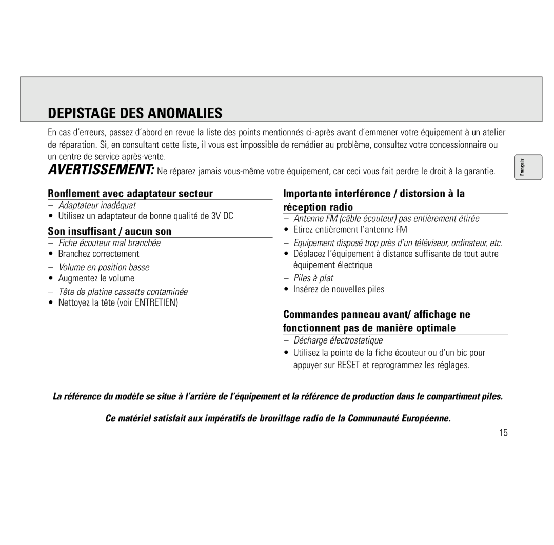 Philips AQ6691/00 manual Depistage DES Anomalies, Ronflement avec adaptateur secteur, Son insuffisant / aucun son 