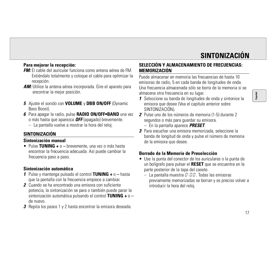 Philips AQ6691/00 manual Sintonización, Selección Y Almacenamiento DE Frecuencias Memorización 