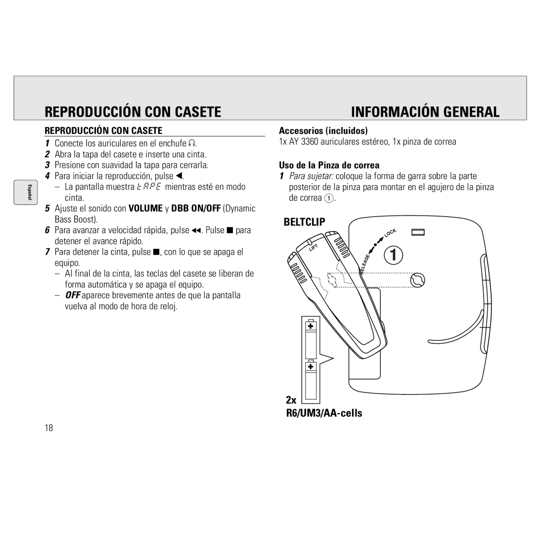 Philips AQ6691/00 manual Reproducción CON Casete, Información General, Accesorios incluidos, Uso de la Pinza de correa 