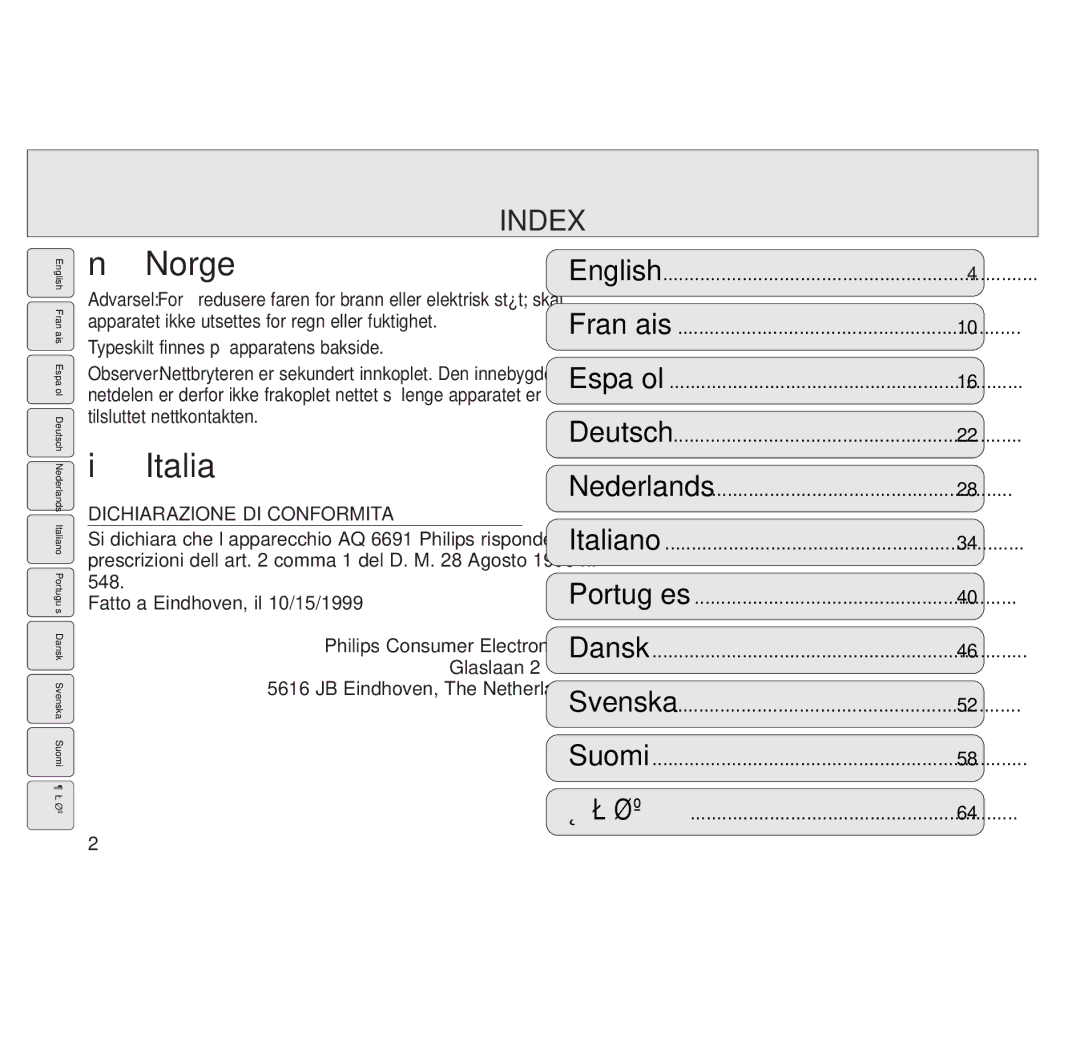 Philips AQ6691/00 manual Index, Dichiarazione DI CONFORMITA’, Glaslaan JB Eindhoven, The Netherlands 