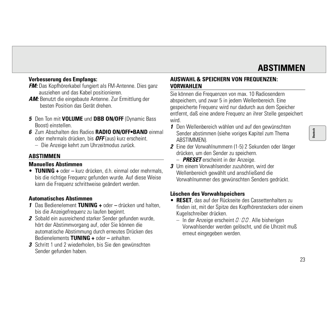 Philips AQ6691/00 manual Abstimmen, Auswahl & Speichern VON Frequenzen Vorwahlen 