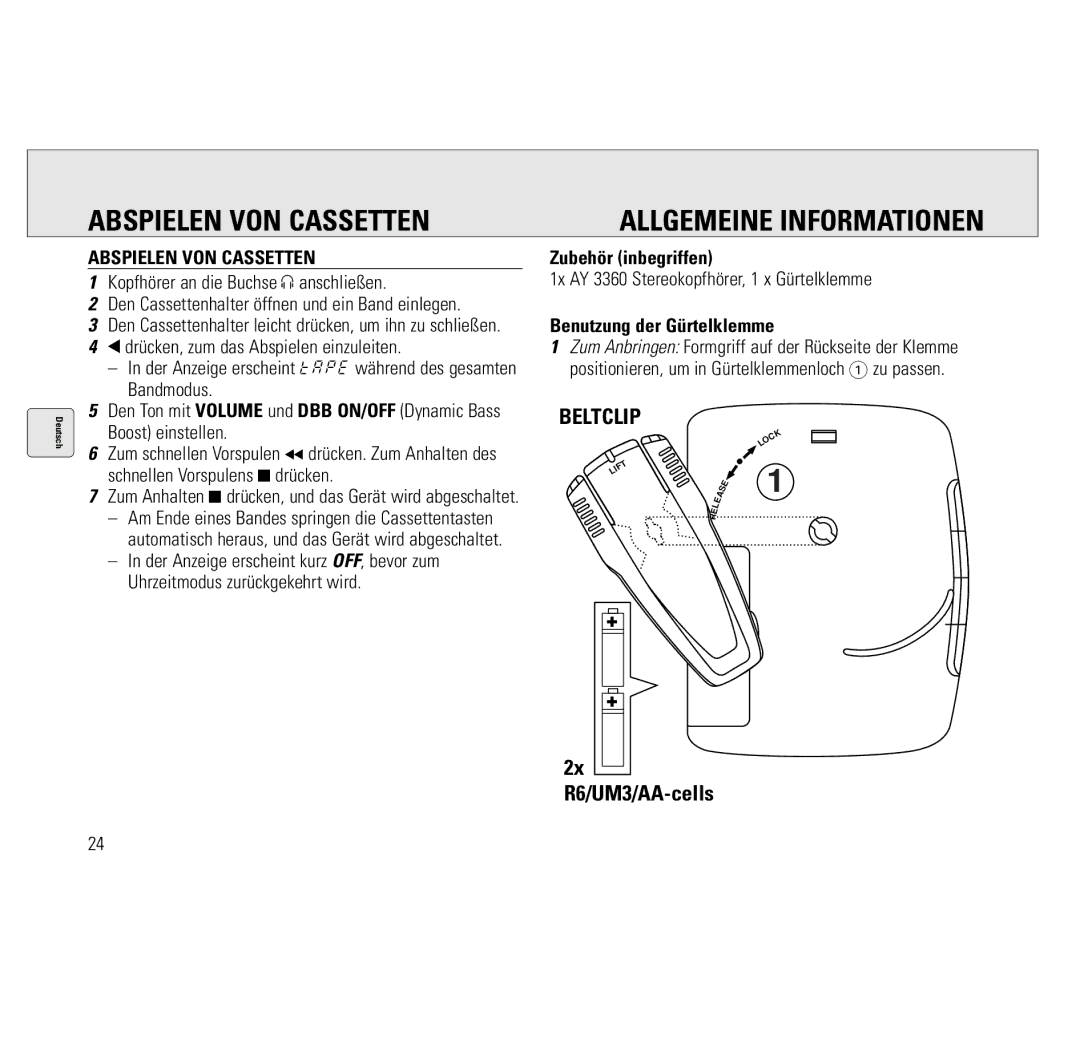 Philips AQ6691/00 manual Abspielen VON Cassetten, Allgemeine Informationen, Zubehör inbegriffen, Benutzung der Gürtelklemme 