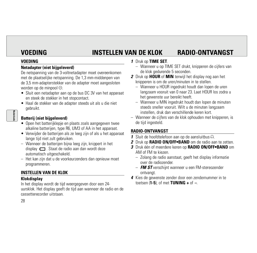 Philips AQ6691/00 manual Voeding, Radio-Ontvangst, Instellen VAN DE Klok 