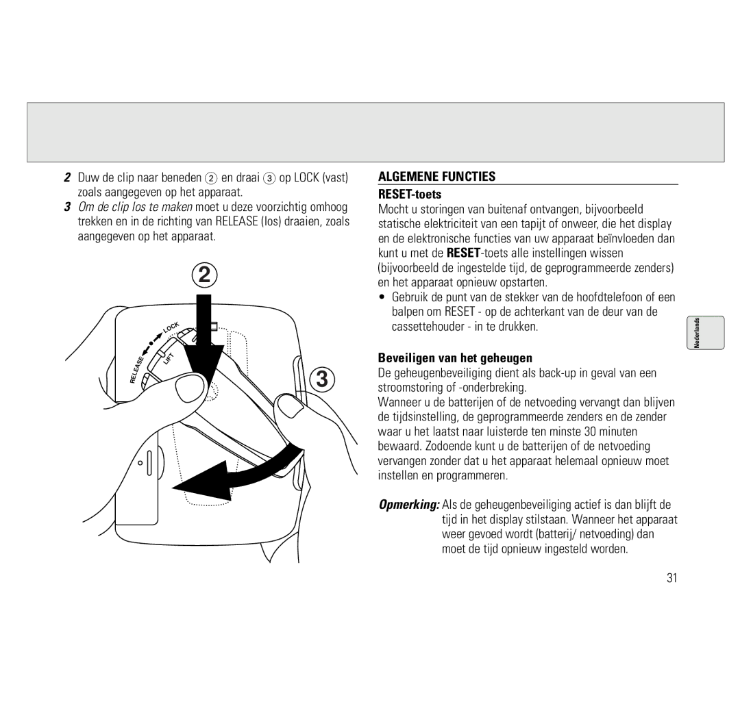 Philips AQ6691/00 manual Algemene Functies, RESET-toets, Beveiligen van het geheugen 