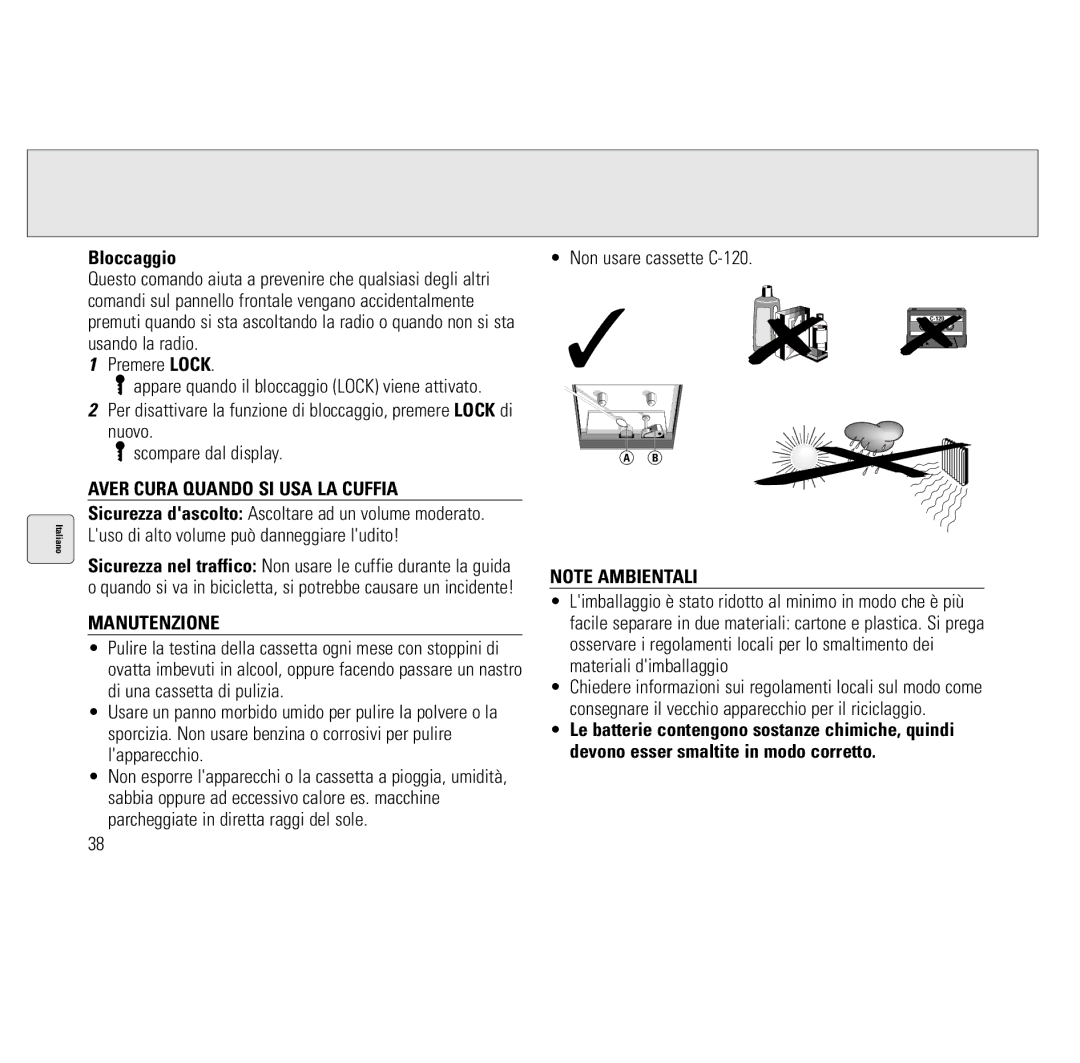 Philips AQ6691/00 Bloccaggio, Non usare cassette C-120, Nuovo Scompare dal display, Aver Cura Quando SI USA LA Cuffia 