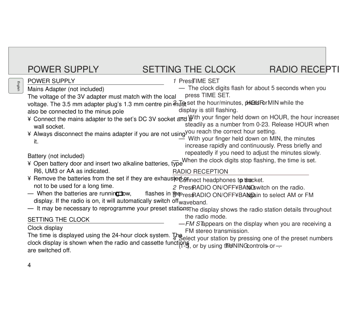 Philips AQ6691/00 manual Power Supply Setting the Clock Radio Reception 