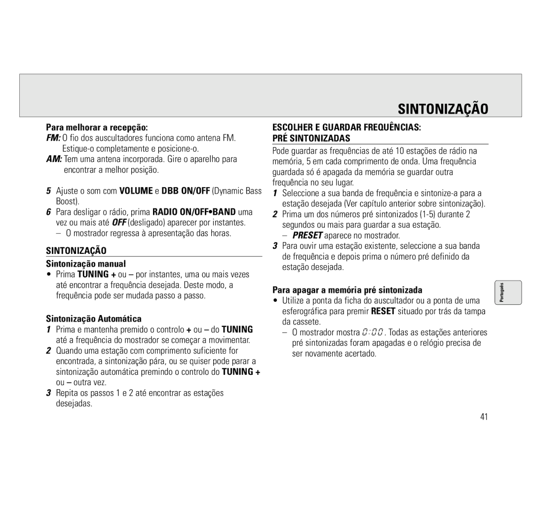 Philips AQ6691/00 manual Sintonização, Escolher E Guardar Frequências PRÉ Sintonizadas 