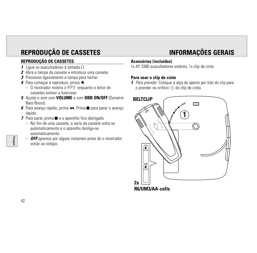 Philips AQ6691/00 manual Reprodução DE Cassetes, Informações Gerais, Acessórios incluídos, Para usar o clip de cinto 