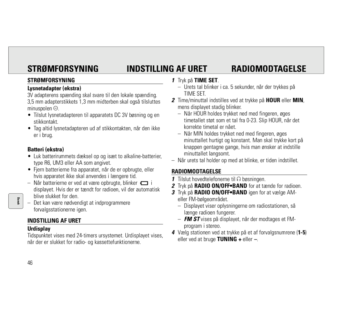 Philips AQ6691/00 manual Strømforsyning Indstilling AF Uret Radiomodtagelse 