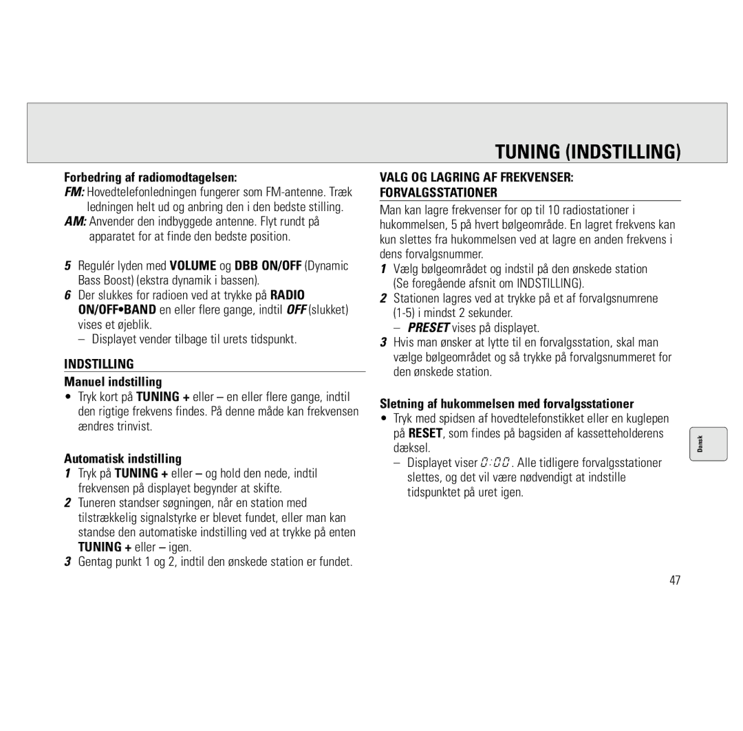 Philips AQ6691/00 manual Tuning Indstilling, Valg OG Lagring AF Frekvenser Forvalgsstationer 