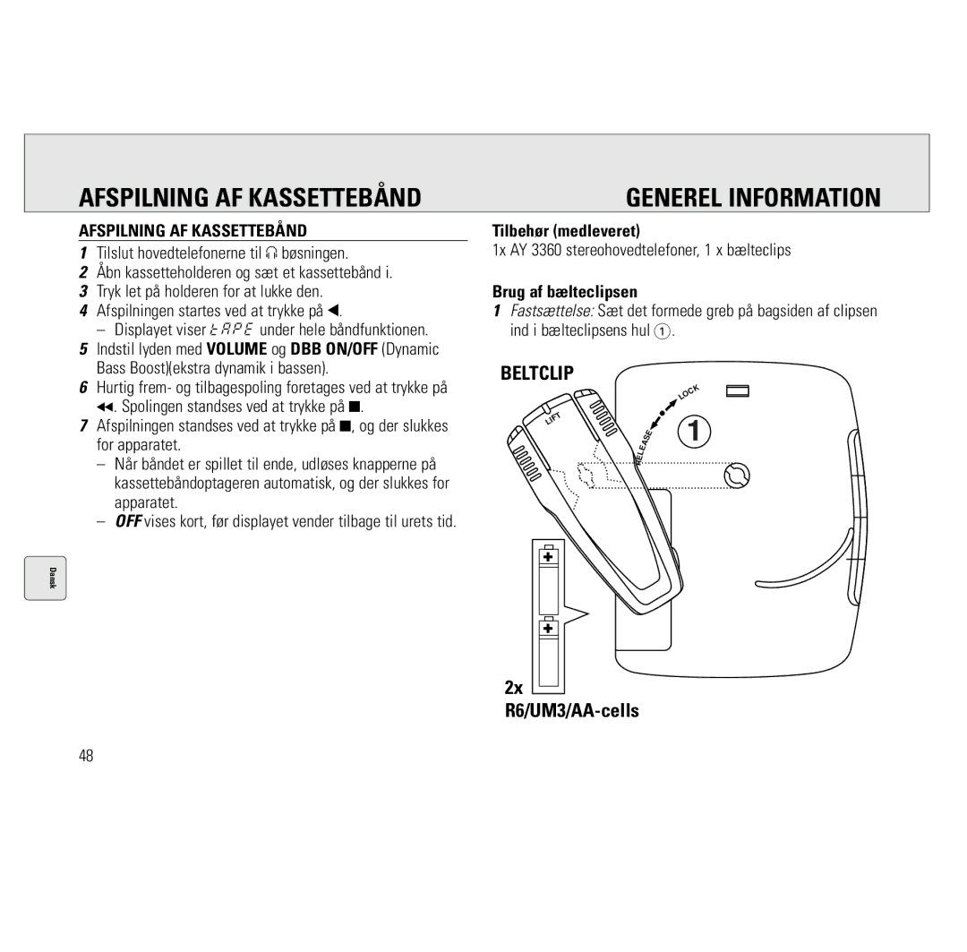 Philips AQ6691/00 manual Generel Information, Afspilning AF Kassettebånd, Tilbehør medleveret, Brug af bælteclipsen 