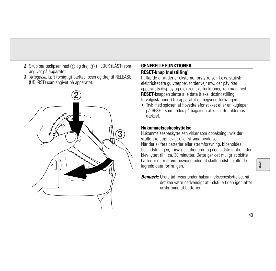 Philips AQ6691/00 manual Generelle Funktioner, RESET-knap nulstilling, Hukommelsesbeskyttelse 