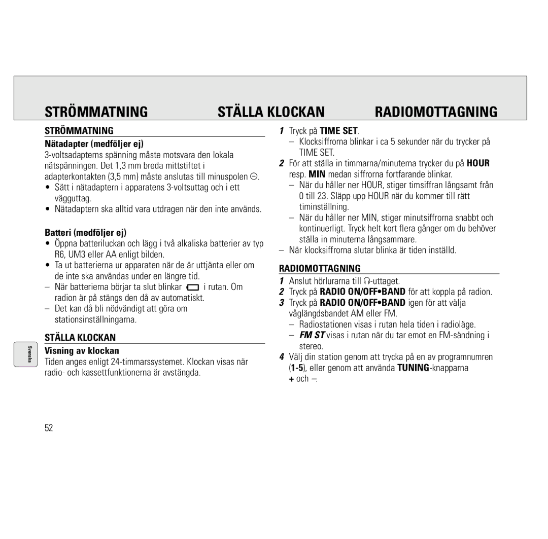 Philips AQ6691/00 manual Strömmatning Ställa Klockan Radiomottagning 