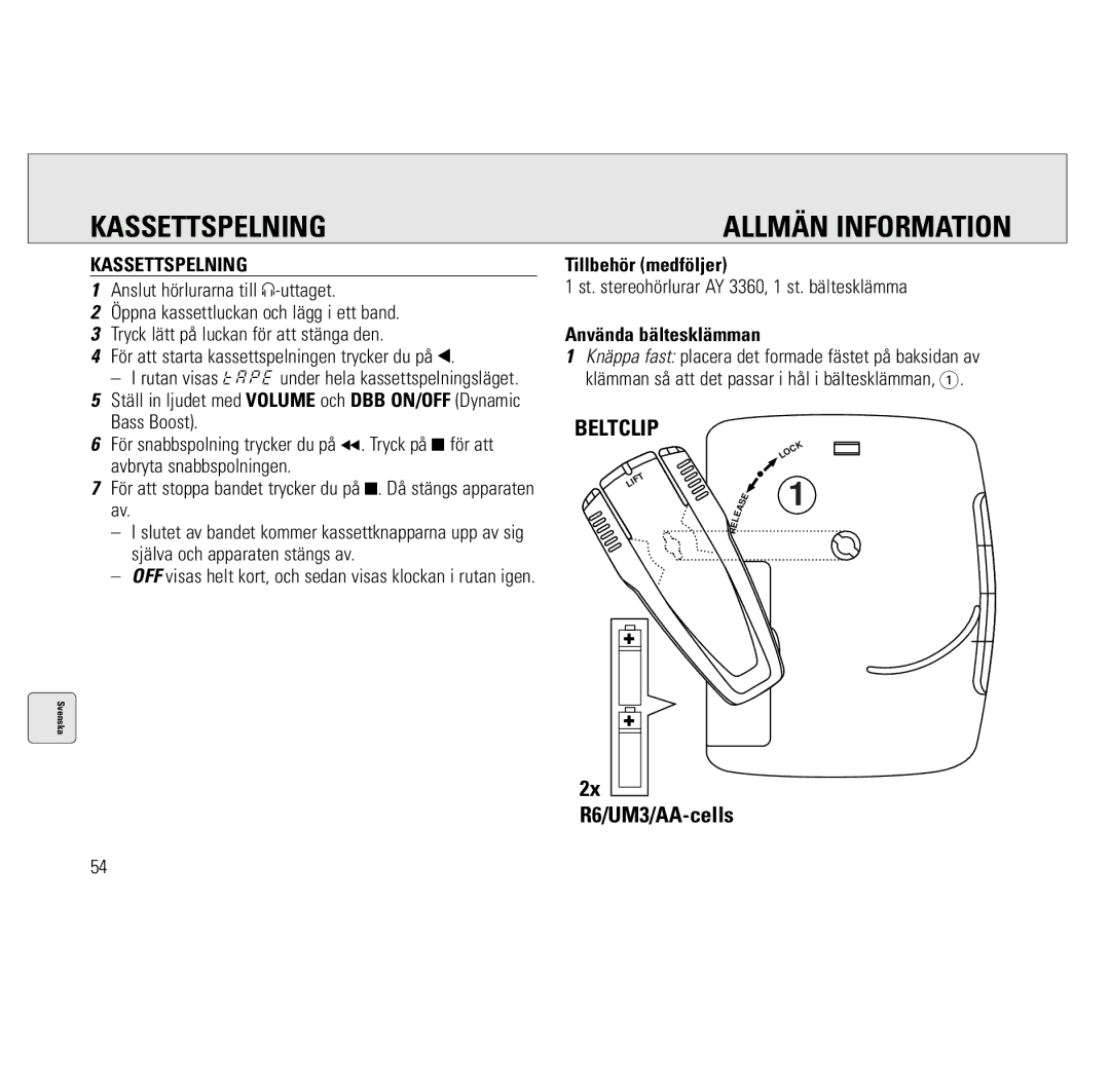 Philips AQ6691/00 manual Kassettspelning, Allmän Information, Tillbehör medföljer, Använda bältesklämman 